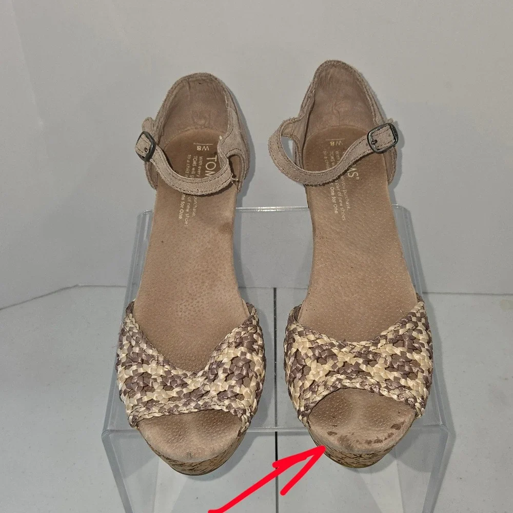 TOMS Womens Taupe Suede Woven Cork Wedge Sandals Ankle Strap Heel Size 8 AC603